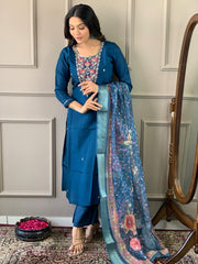 Navy Blue Kurta Set with Floral Dupatta