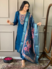 Navy Blue Kurta Set with Floral Dupatta