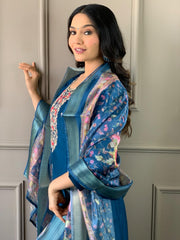 Navy Blue Kurta Set with Floral Dupatta