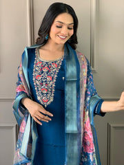 Navy Blue Kurta Set with Floral Dupatta