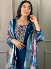Navy Blue Kurta Set with Floral Dupatta