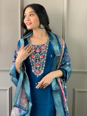 Navy Blue Kurta Set with Floral Dupatta
