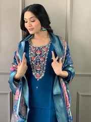 Navy Blue Kurta Set with Floral Dupatta