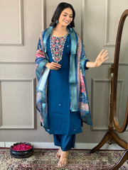 Navy Blue Kurta Set with Floral Dupatta