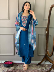 Navy Blue Kurta Set with Floral Dupatta