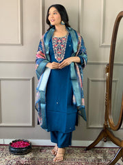 Navy Blue Kurta Set with Floral Dupatta
