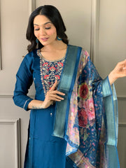 Navy Blue Kurta Set with Floral Dupatta
