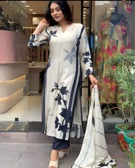 Off-White &amp; Black Printed Kurta Set