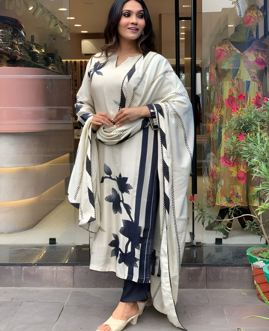 Off-White &amp; Black Printed Kurta Set