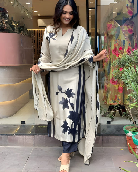 Off-White &amp; Black Printed Kurta Set