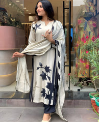 Off-White &amp; Black Printed Kurta Set