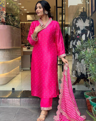Rani Pink Kurta Set with Bandhani Dupatta