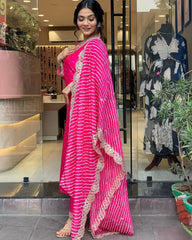 Rani Pink Kurta Set with Bandhani Dupatta