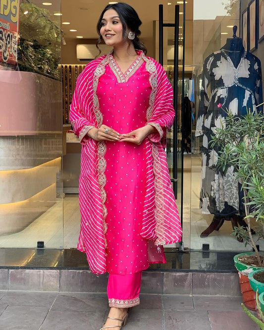 Rani Pink Kurta Set with Bandhani Dupatta
