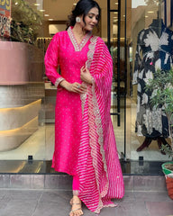 Rani Pink Kurta Set with Bandhani Dupatta