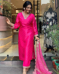 Rani Pink Kurta Set with Bandhani Dupatta