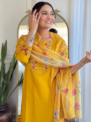 Mustard Yellow Kurta Set with Embroidered Dupatta