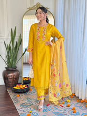 Mustard Yellow Kurta Set with Embroidered Dupatta