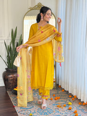 Mustard Yellow Kurta Set with Embroidered Dupatta