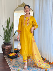 Mustard Yellow Kurta Set with Embroidered Dupatta