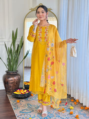 Mustard Yellow Kurta Set with Embroidered Dupatta