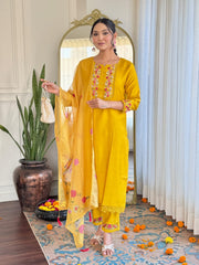 Mustard Yellow Kurta Set with Embroidered Dupatta
