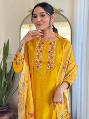 Mustard Yellow Kurta Set with Embroidered Dupatta