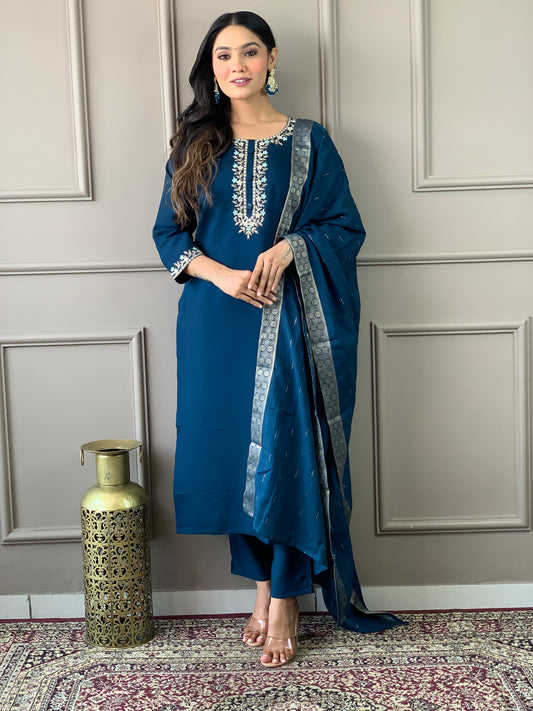 Teal Blue Embroidered Kurta Set with Dupatta