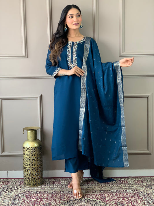 Teal Blue Embroidered Kurta Set with Dupatta