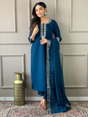 Teal Blue Embroidered Kurta Set with Dupatta