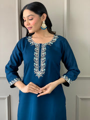 Teal Blue Embroidered Kurta Set with Dupatta