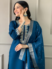 Teal Blue Embroidered Kurta Set with Dupatta