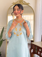 Sky Blue Chanderi Kurta Set with Mustard Bandhani Dupatta