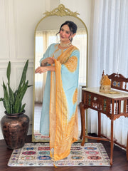 Sky Blue Chanderi Kurta Set with Mustard Bandhani Dupatta