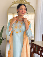 Sky Blue Chanderi Kurta Set with Mustard Bandhani Dupatta