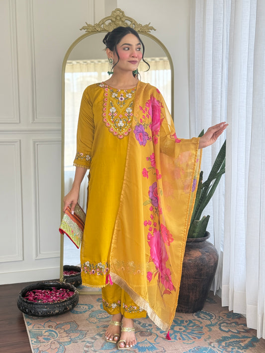 Mustard Yellow Kurta Set with Floral Dupatta