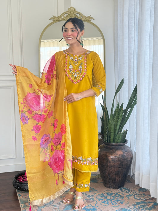Mustard Yellow Kurta Set with Floral Dupatta