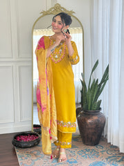 Mustard Yellow Kurta Set with Floral Dupatta