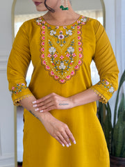 Mustard Yellow Kurta Set with Floral Dupatta