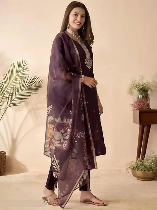 Deep Wine Kurta Set with Printed Dupatta