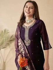 Deep Wine Kurta Set with Printed Dupatta