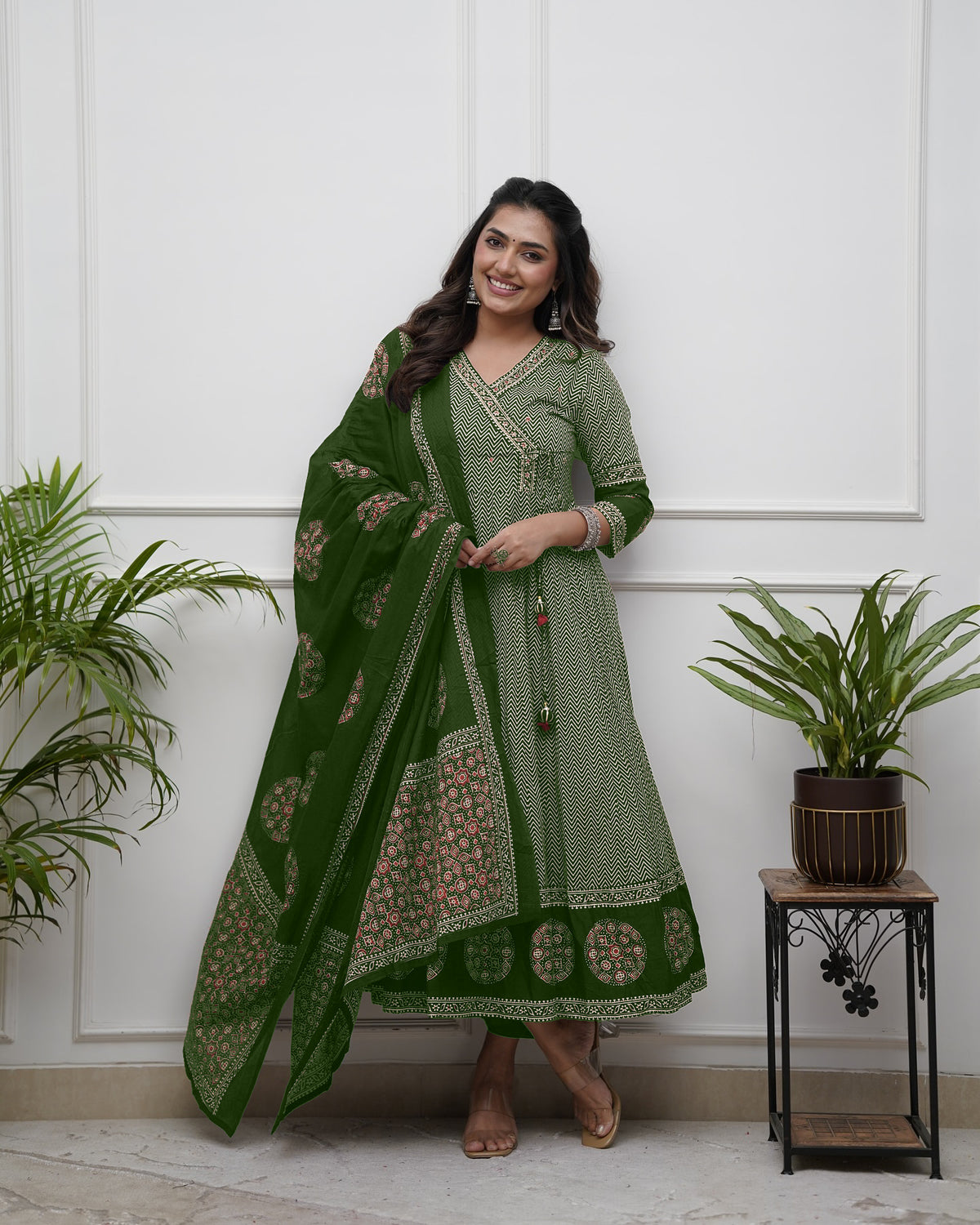 Black &amp; Beige Printed Anarkali Set with Dupatta