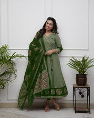 Black &amp; Beige Printed Anarkali Set with Dupatta