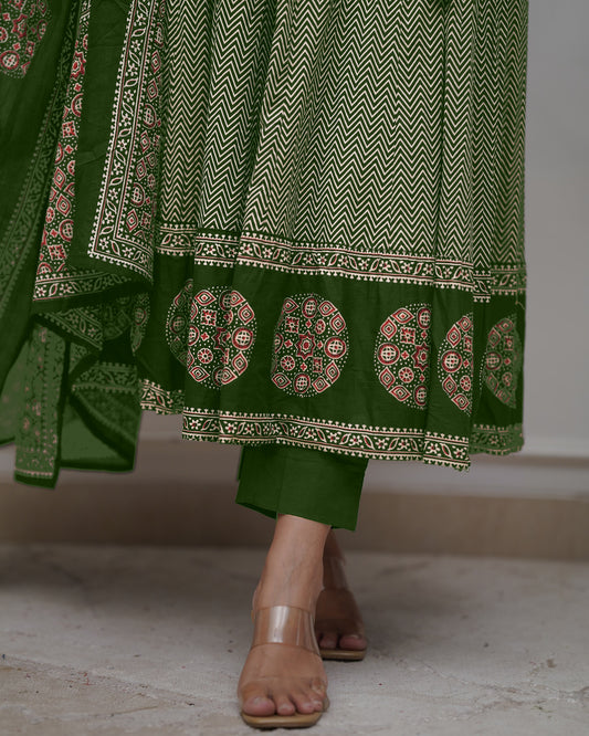 Black &amp; Beige Printed Anarkali Set with Dupatta