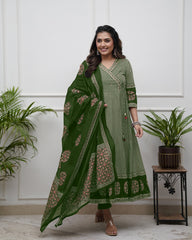 Black &amp; Beige Printed Anarkali Set with Dupatta