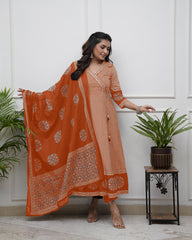 Black &amp; Beige Printed Anarkali Set with Dupatta