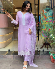 Lavender Chanderi Kurta Set with Embroidered Dupatta