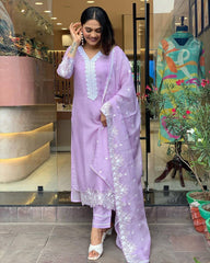 Lavender Chanderi Kurta Set with Embroidered Dupatta