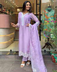 Lavender Chanderi Kurta Set with Embroidered Dupatta