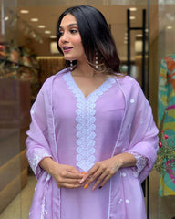 Lavender Chanderi Kurta Set with Embroidered Dupatta